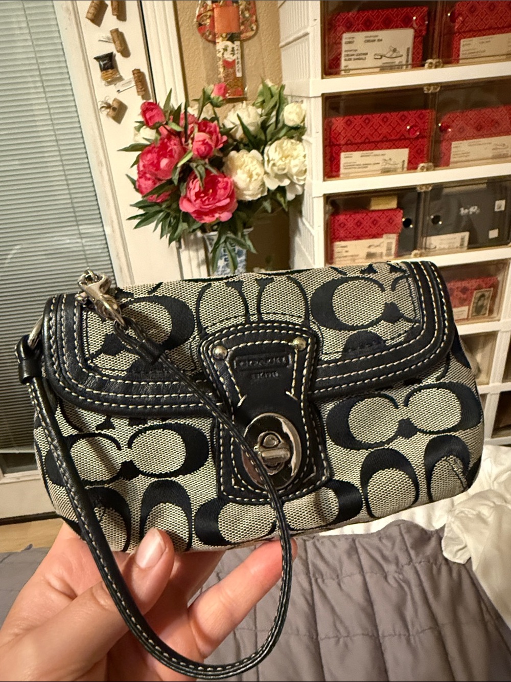 Y2K Coach Black and Cream Signature Canvas Wristlet
